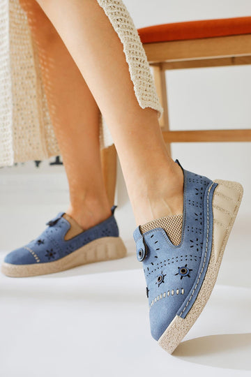 Bethina Blue Suede Rivet Detailed Laser Perforated Ballerinas