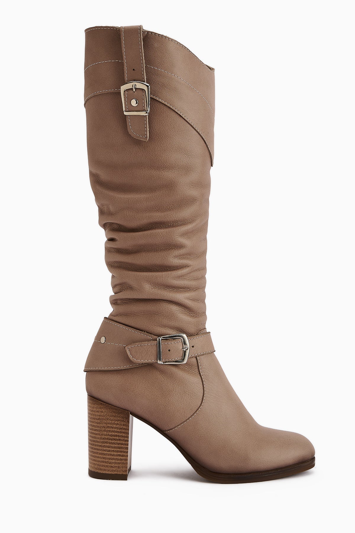 Ting Genuine Leather Mink Buckle Detail Women's Heeled Boot