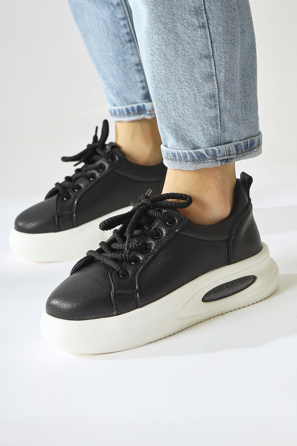 Loura Black Leather Patterned Air Sole Lace-Up Sneakers