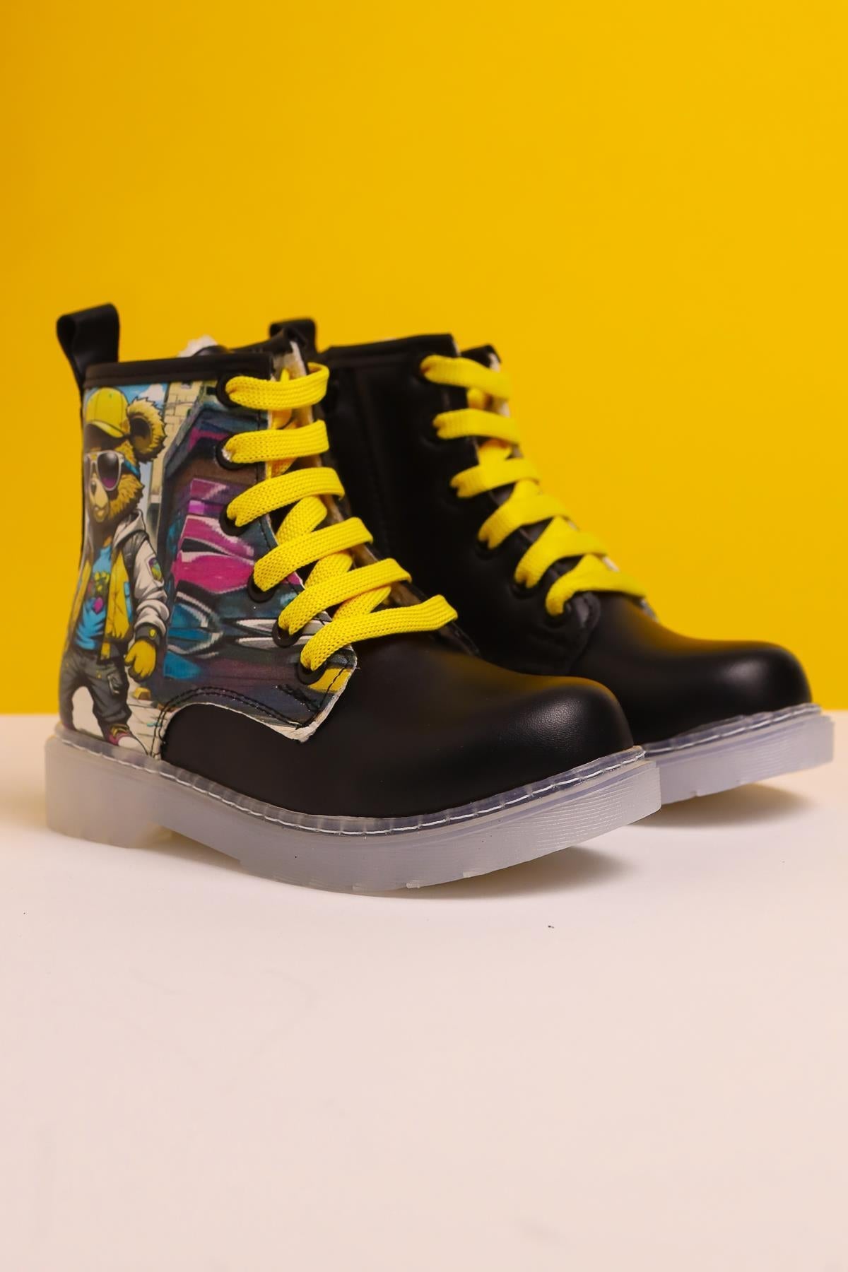 Denis Schwarz Gestreifte Charakterdruck Schnür-Kinderstiefel