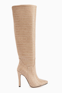 Nenya Beige Krokodil Muster Spitz Zehen Schlanke Absatz Kniehohe Stiefel