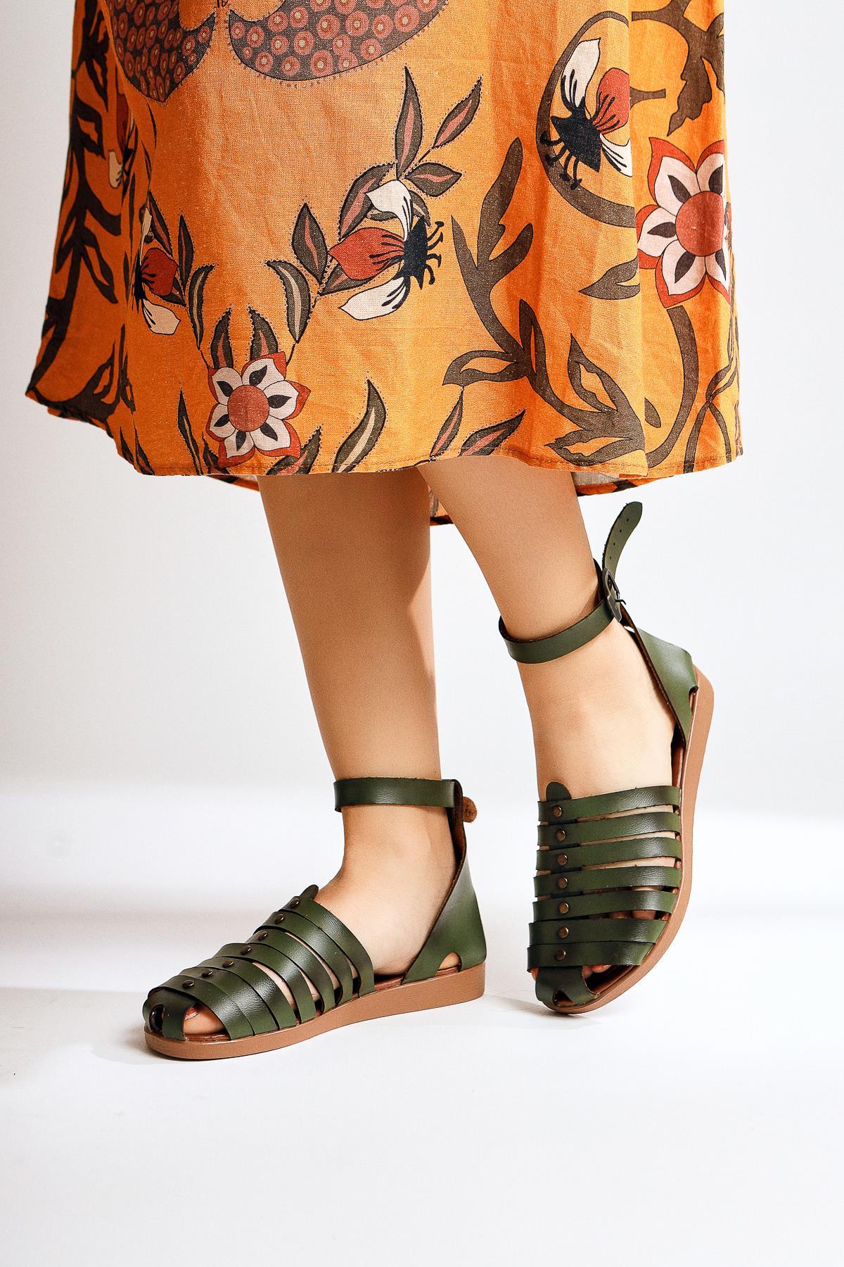 Genuine Leather Helen Khaki Toe Covering Bodrum Sandals