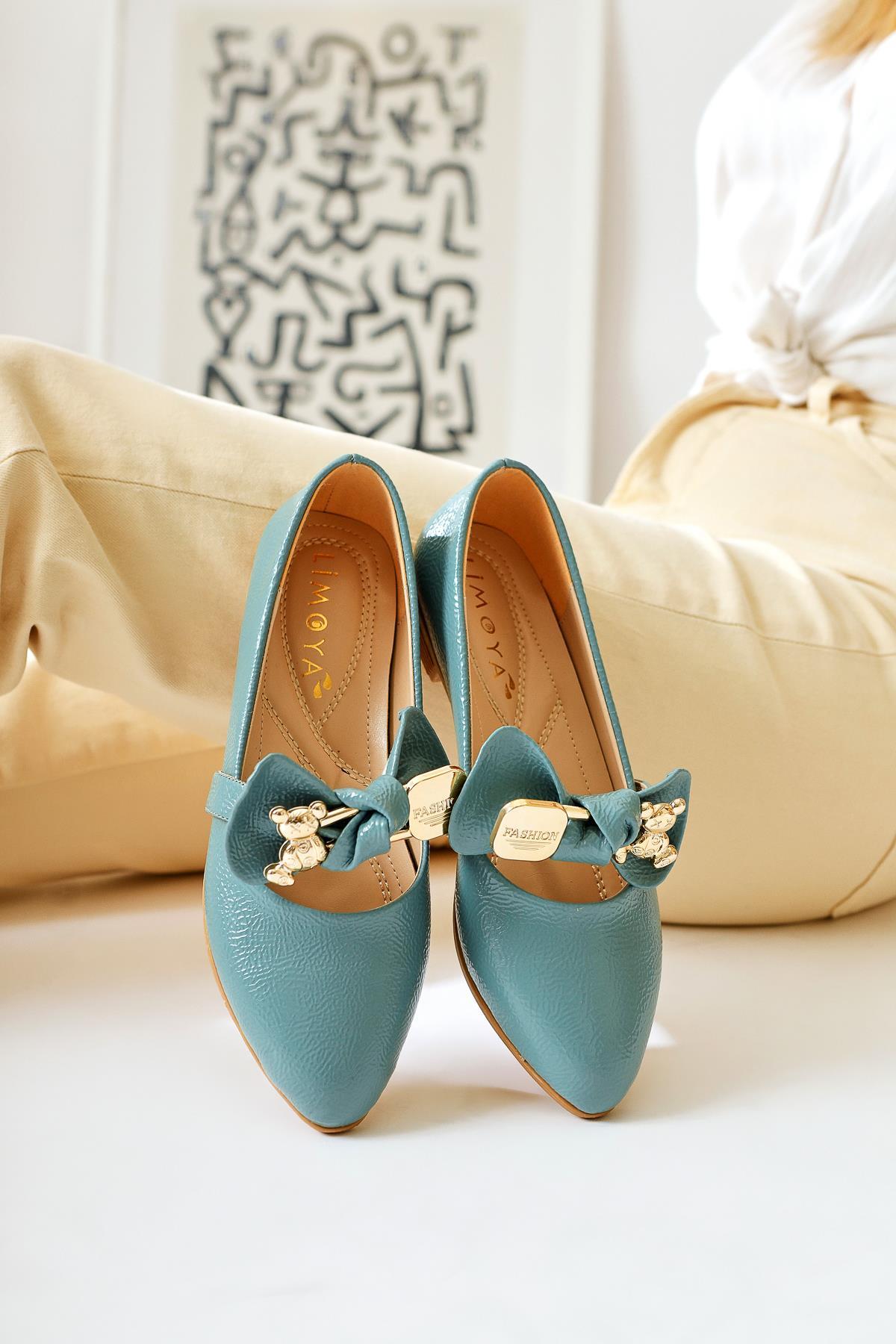 Joselin Turquoise Wrinkled Patent Leather Bow Accessory Ballerinas