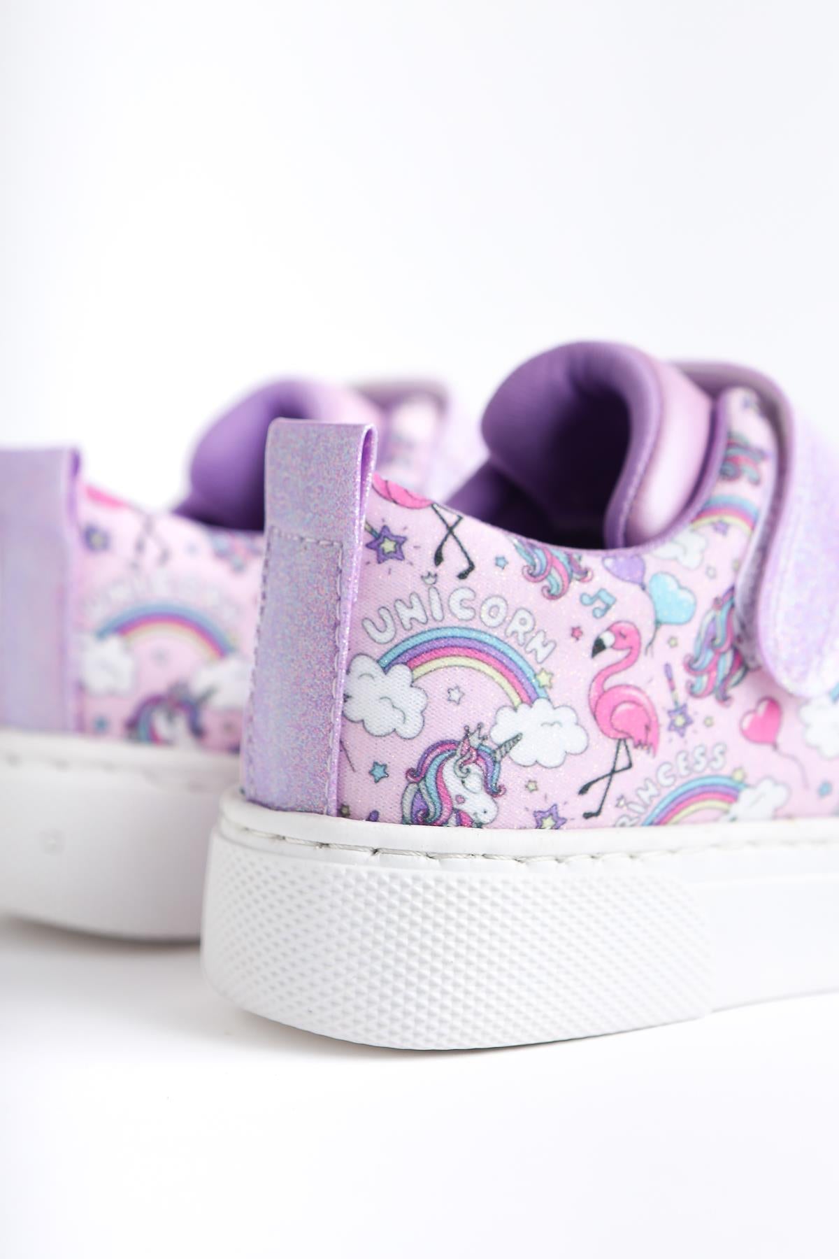 Lana Lila Gestreifter Charakterdruck Schnür-Velcro-Detail Kinder Sportschuh