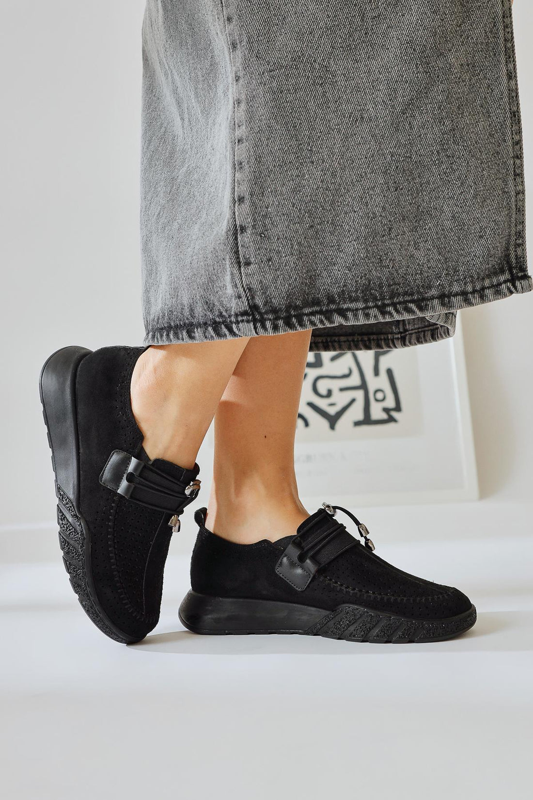 Allice Black Suede Laser Perforated Casual Shoes