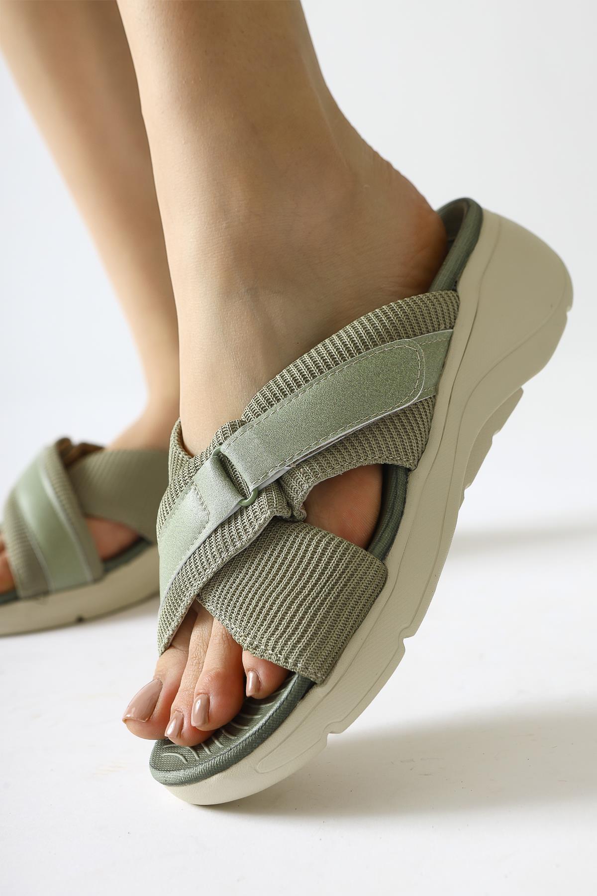 Jola Green Cross Textile Band Comfortable Sole Slippers