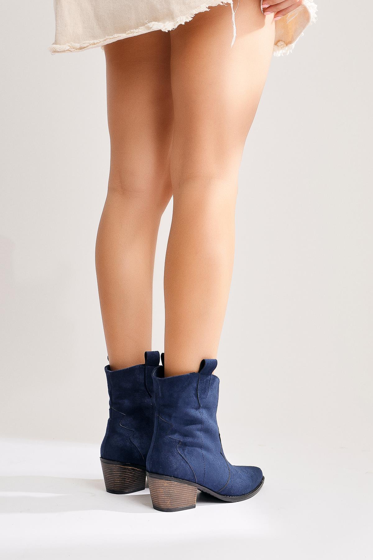 Joo Navy Blue Suede Pointed Toe Embroidered Western Boots