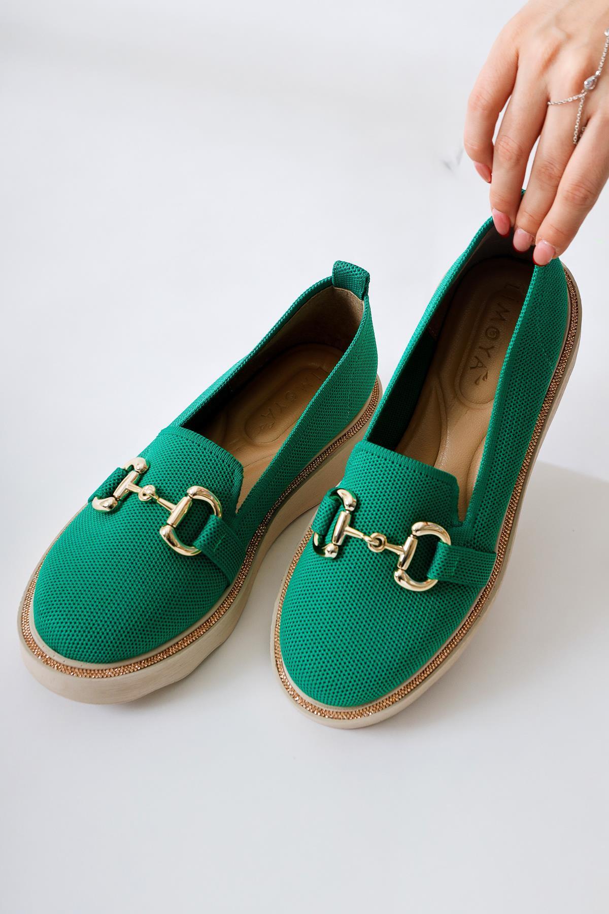 Thien Grüner Durchbrochener Stoffschuh mit Schnalle und Stein Details