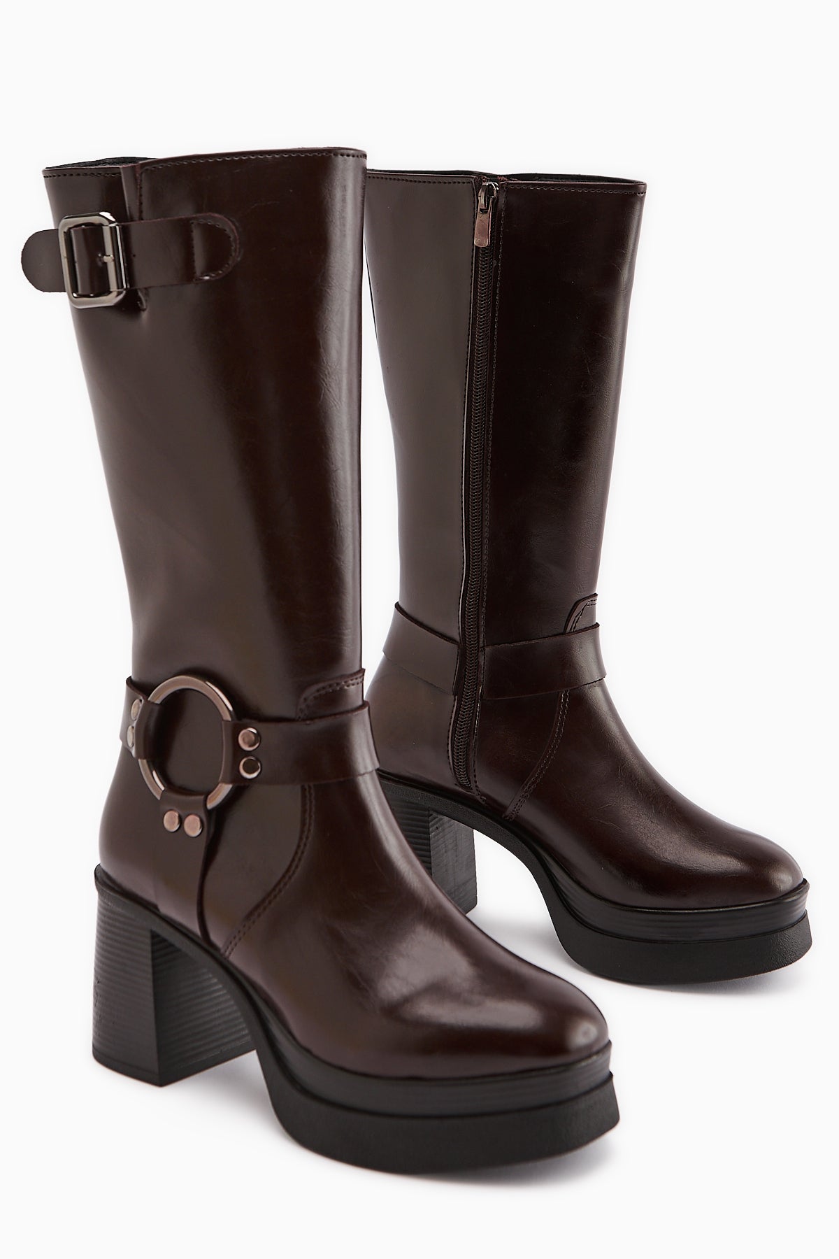 Beris – Burgunder kniehoher Stiefel mit Schnallen-Detail, Plateau und Absatz (Damen)