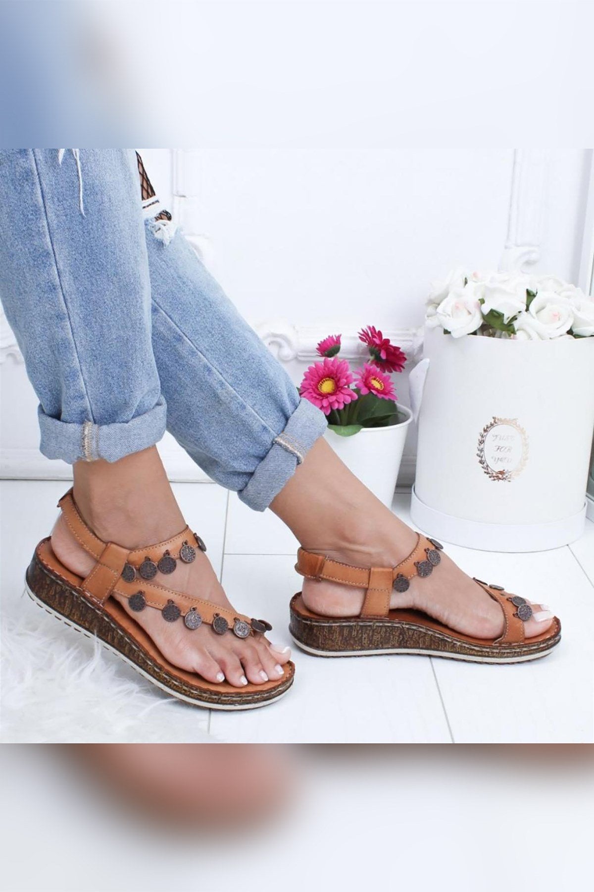 Genuine Leather Lilac Tan Antique Detailed Sandals