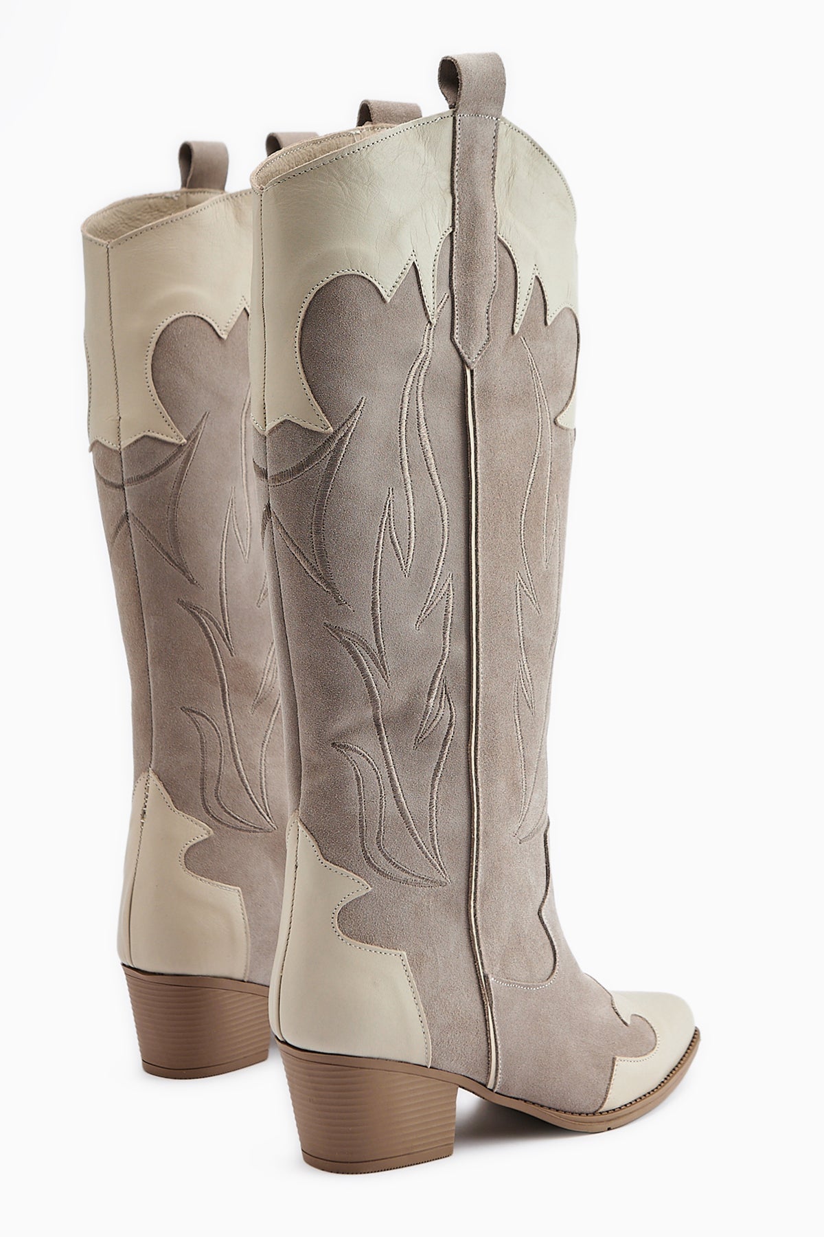 Lara Genuine Leather Beige Suede Embroidered Leather Detailed Heeled Western Boot