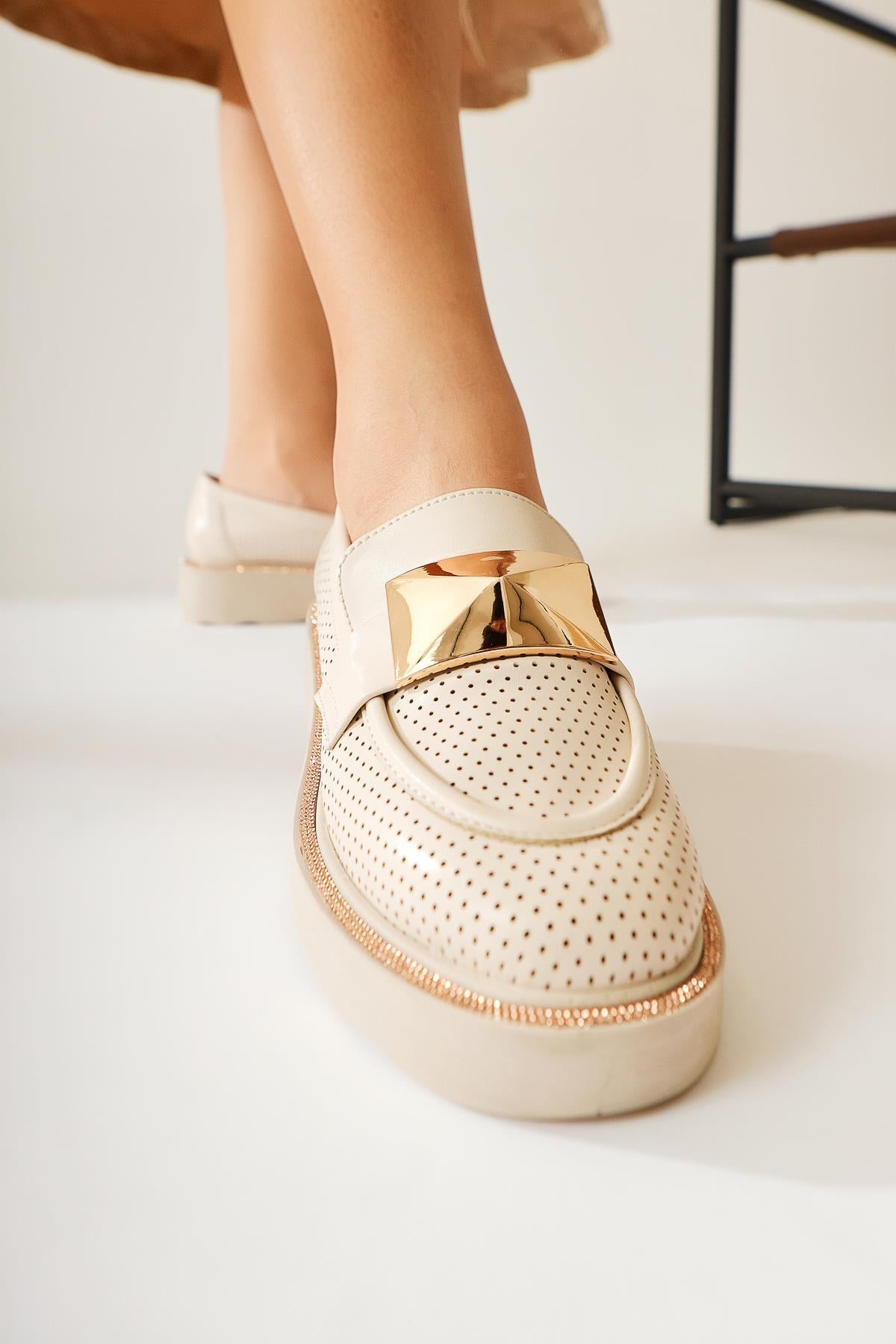 Khloe Beige Buckle Detail Perforated Loafers