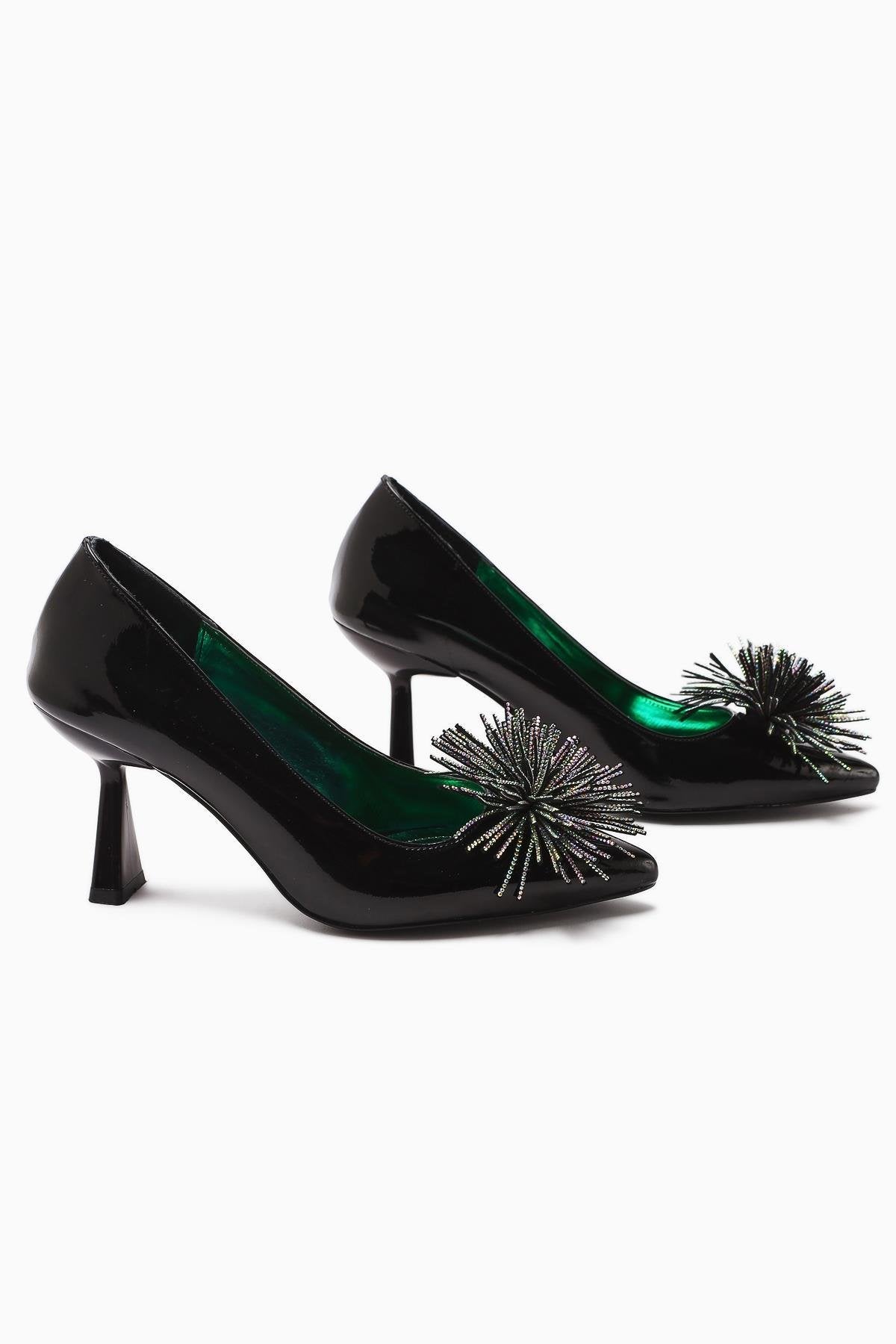 Choi Black Patent Leather Pointed Toe Stone Tassel Detailed Heeled Women's Shoes