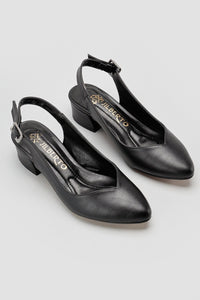 Henrietta Black Pointed Toe Low Heel Sandals