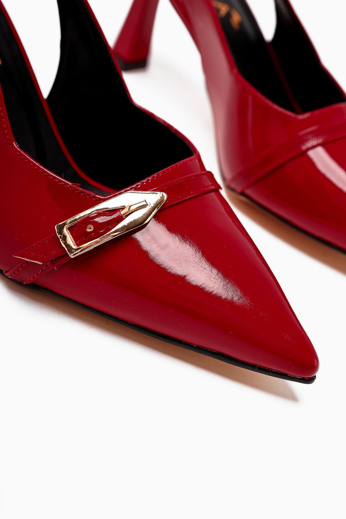 Camillas Red Patent Leather Pointed Toe Buckle Detailed Women's High Heel Shoes