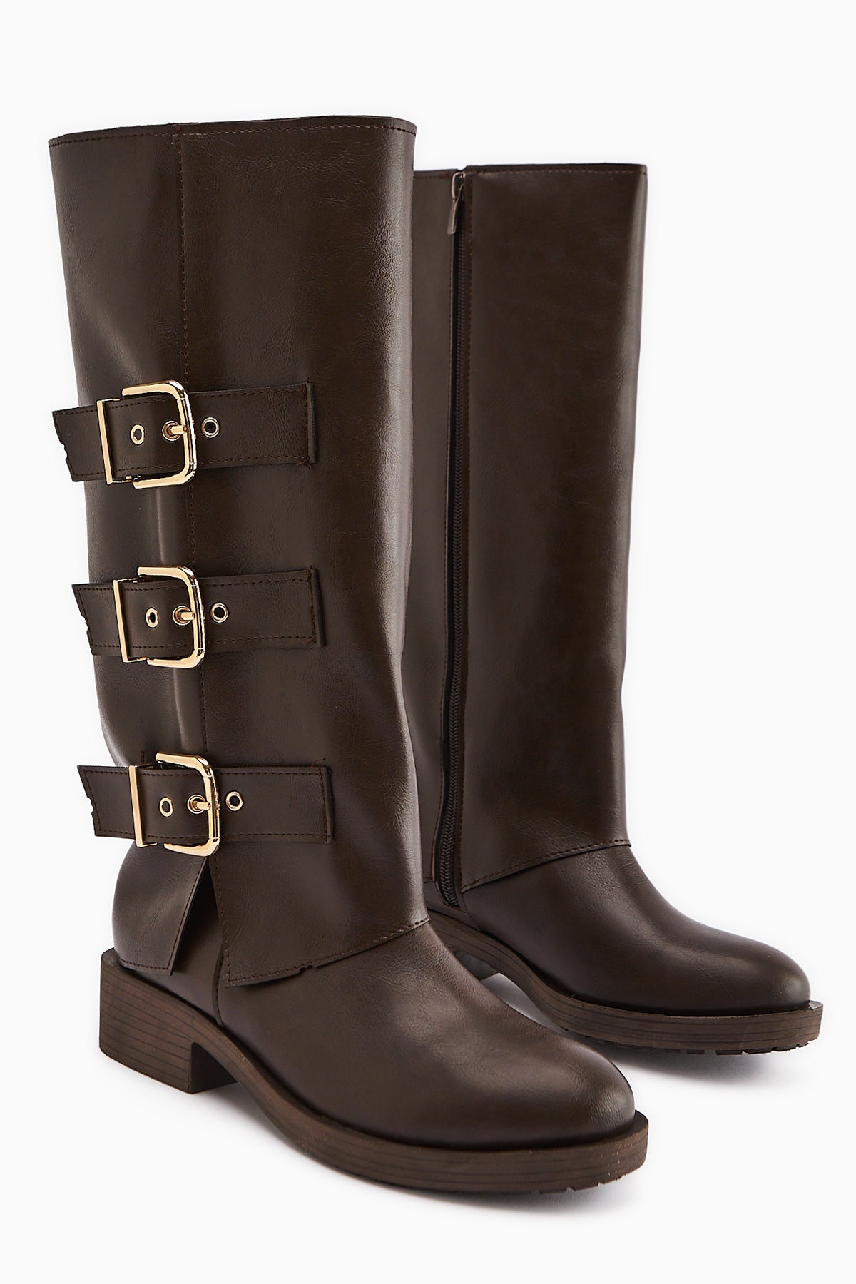 Adelina Brown Leather Belted Women's Biker Boot