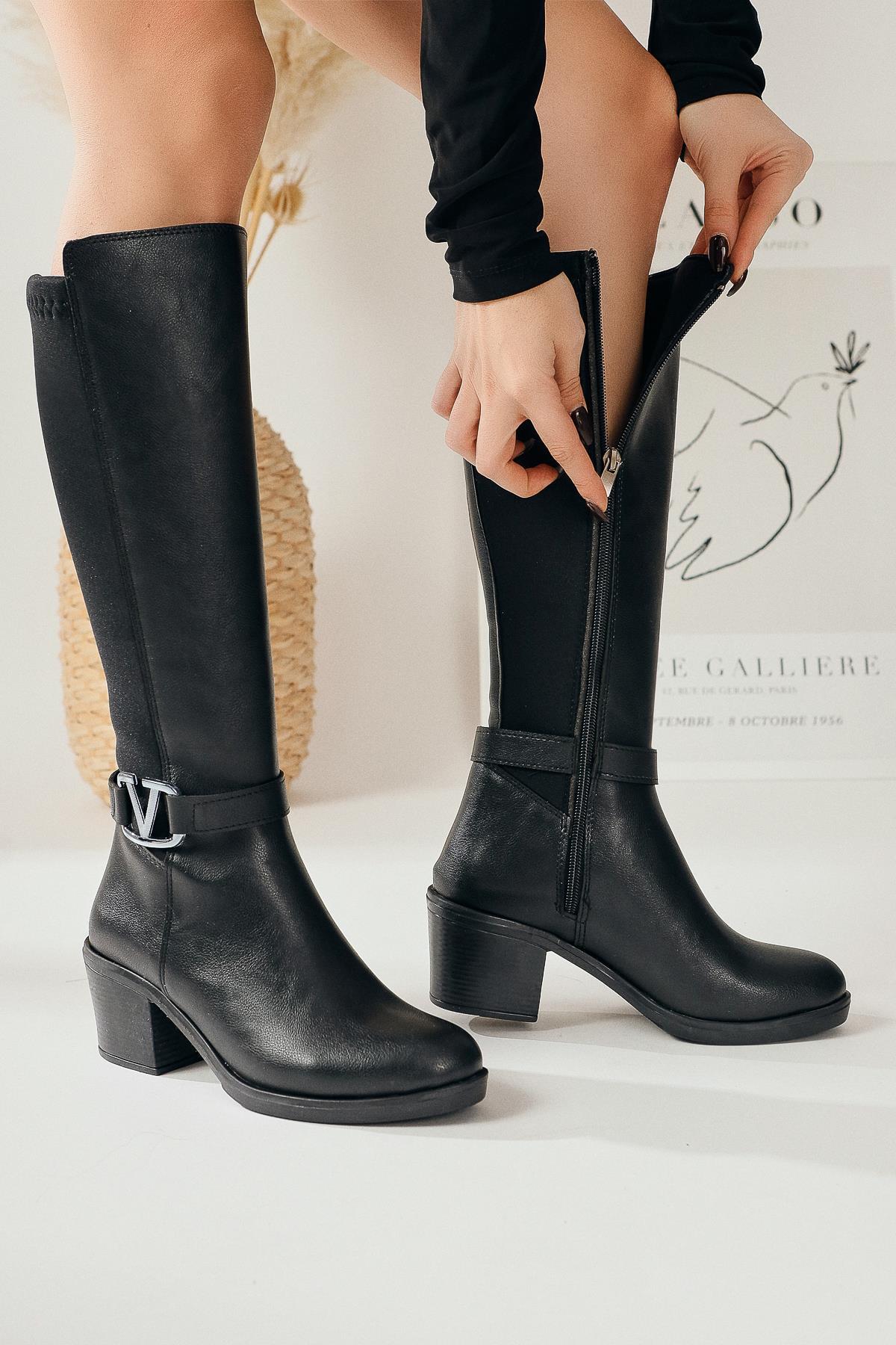 Sayna – Schwarz kniehoher Stiefel mit Neopren-Detail und elastischem Schaft (Damen)