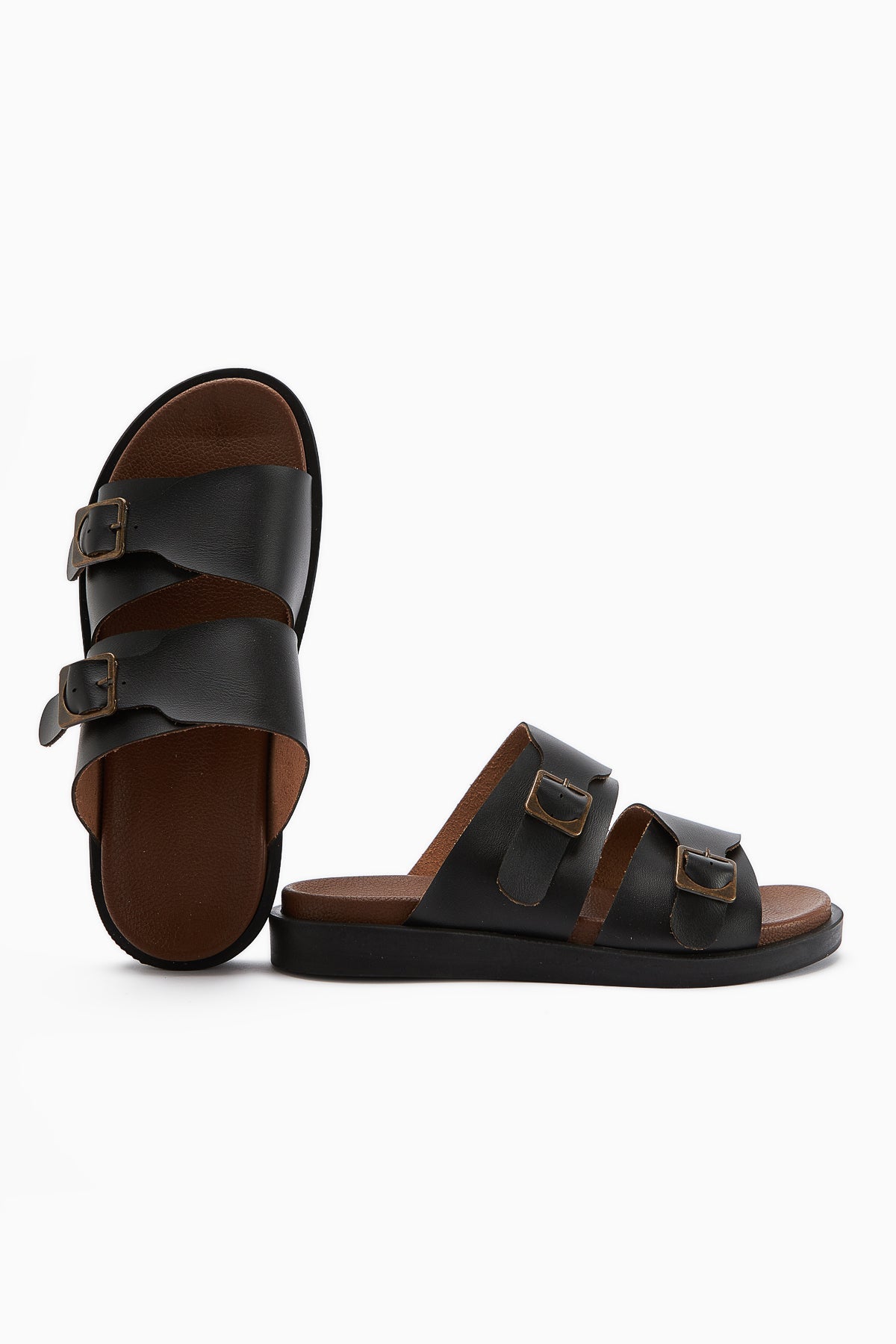 Soha Schwarz Doppelriemen Flache Damen Slipper