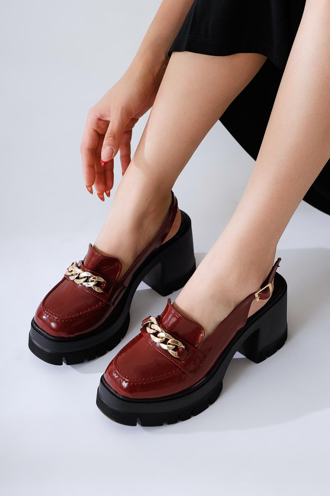 Lorisa Burgundy Patent Leather Chain Buckle Loafer Look Open Shoes