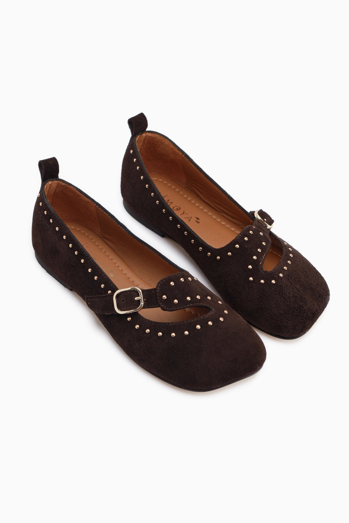 Nella Echtes Leder Braun Schnalle Quadrat Zehe Damen Ballerinas