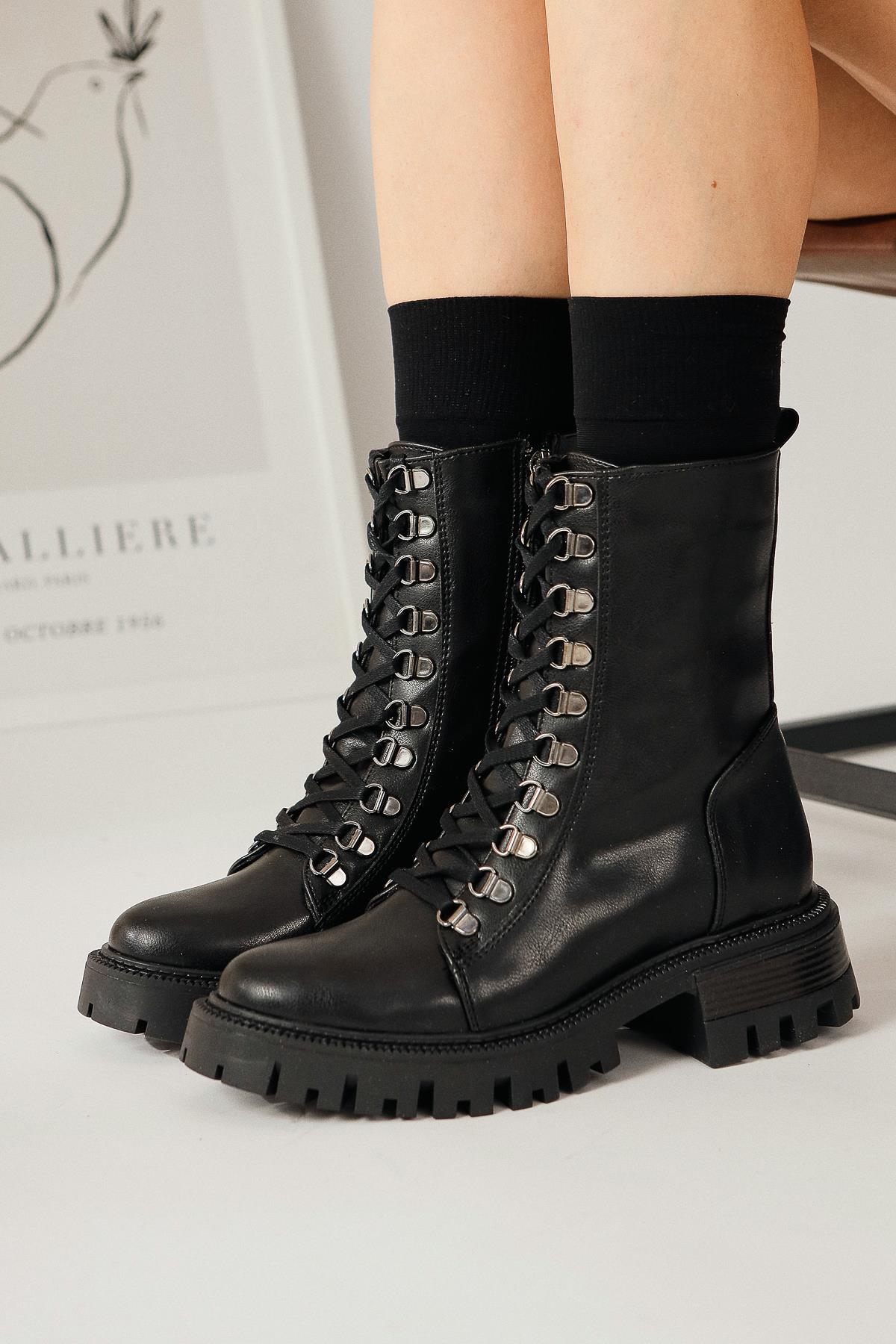 Suzette – Black Lace-Up Thick-Sole Boot (Women)