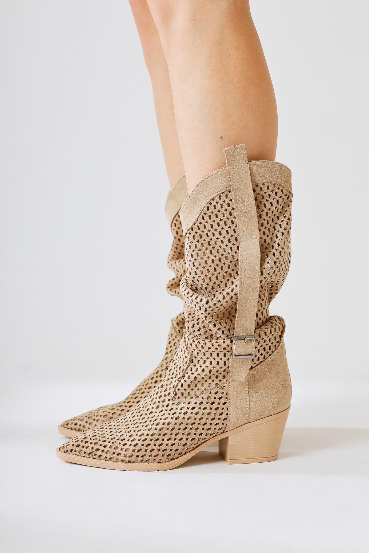 Orietta Nude Suede Laser Cut Pleated Summer Boot