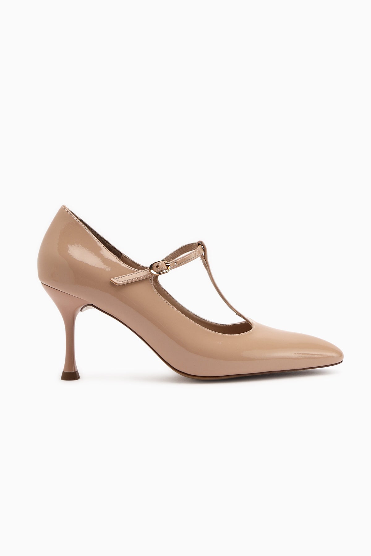 Sania Beige Patent Leather Belted High-Heeled Women's Shoe