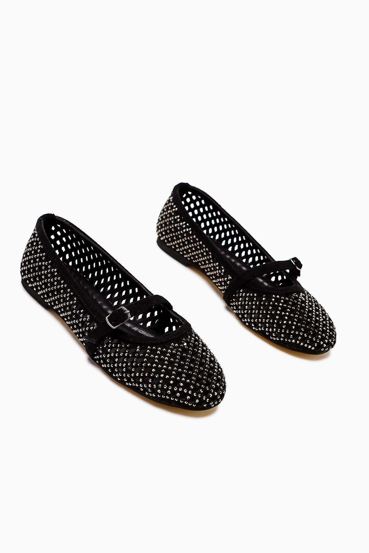 Nicole Schwarzes Wildleder Oval Toe Perforierte Stein Detail Einzelriemen Freizeitschuhe für Damen