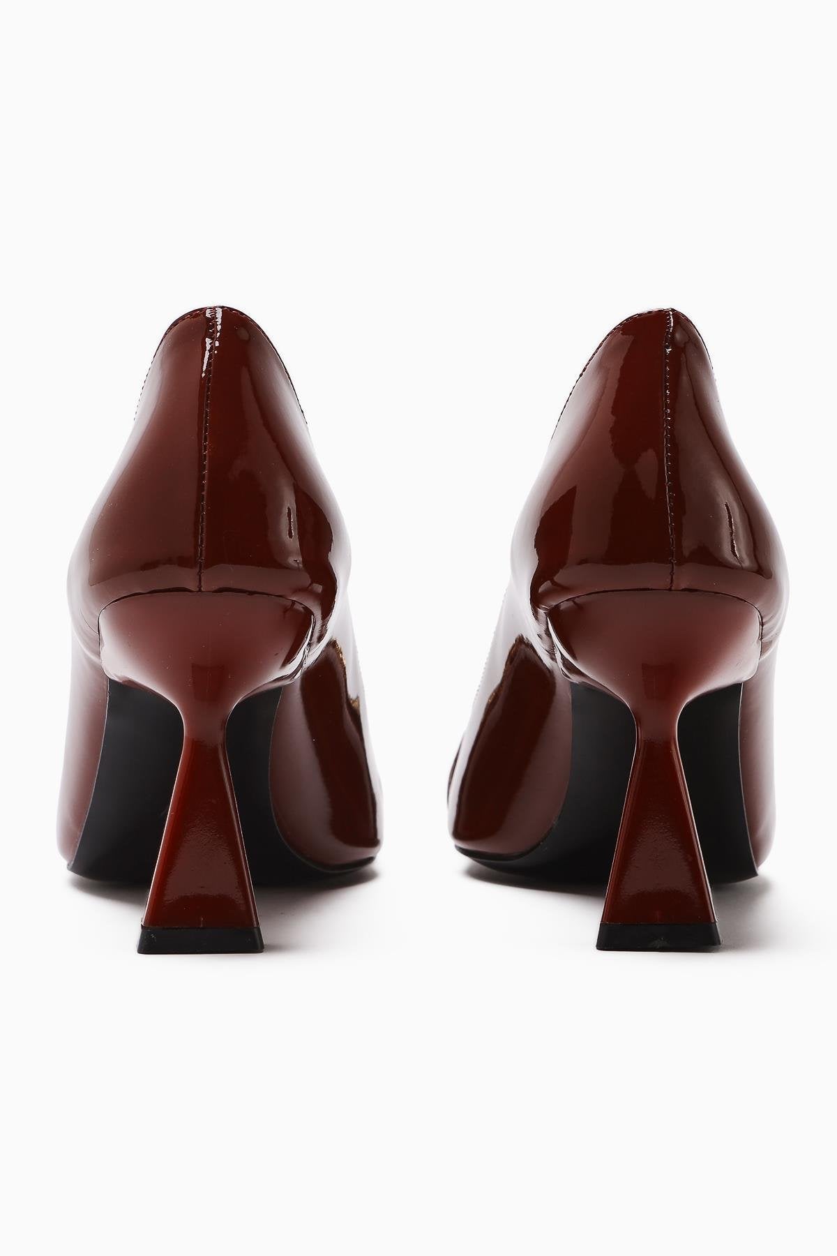Ania Claret Red Patent Leather Pointed Toe Stone Buckle Detailed Heeled Women's Shoes