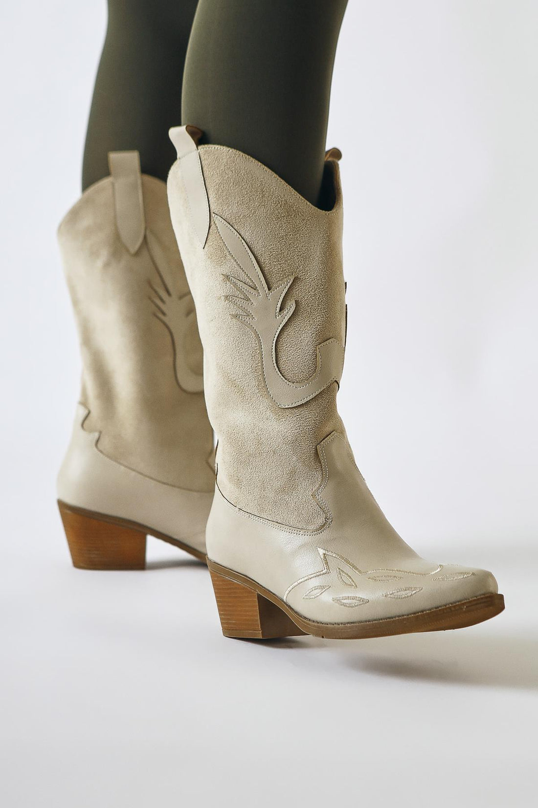 Maily – Beige Suede-Detail Embroidered Pointed-Toe Western Boot (Women)