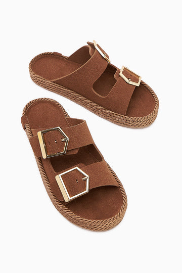 Horia Women's Double-Strap Woven Sole Slippers in Taba