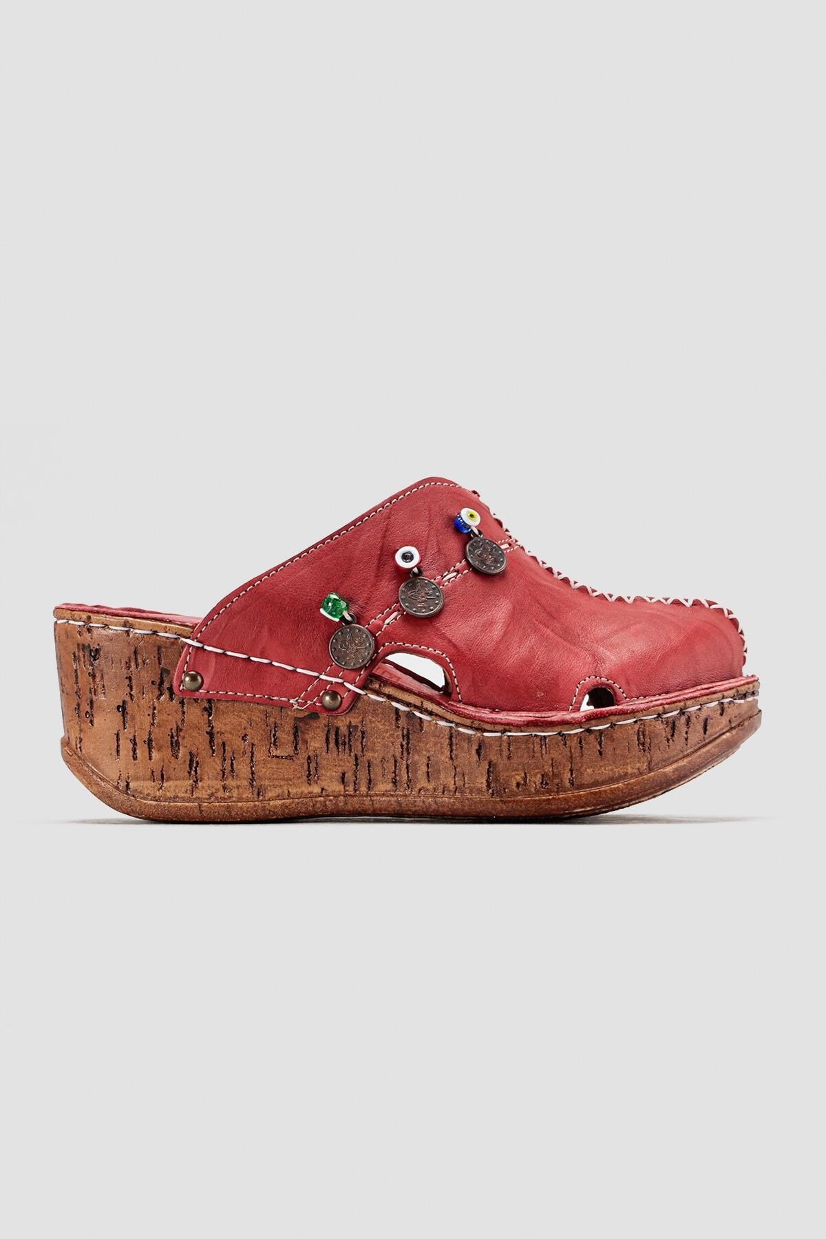Genuine Leather Annika Claret Red Antique Detailed Filled Sabo Slippers