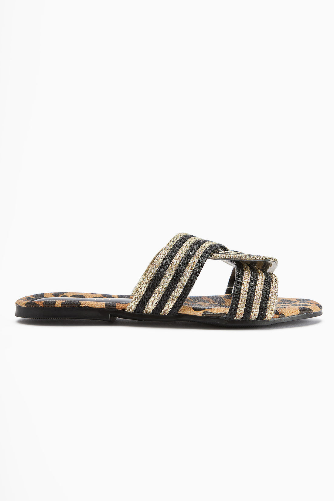 Nihaal Gold Leopard Kreuzriemen Flach Damen Pantoletten