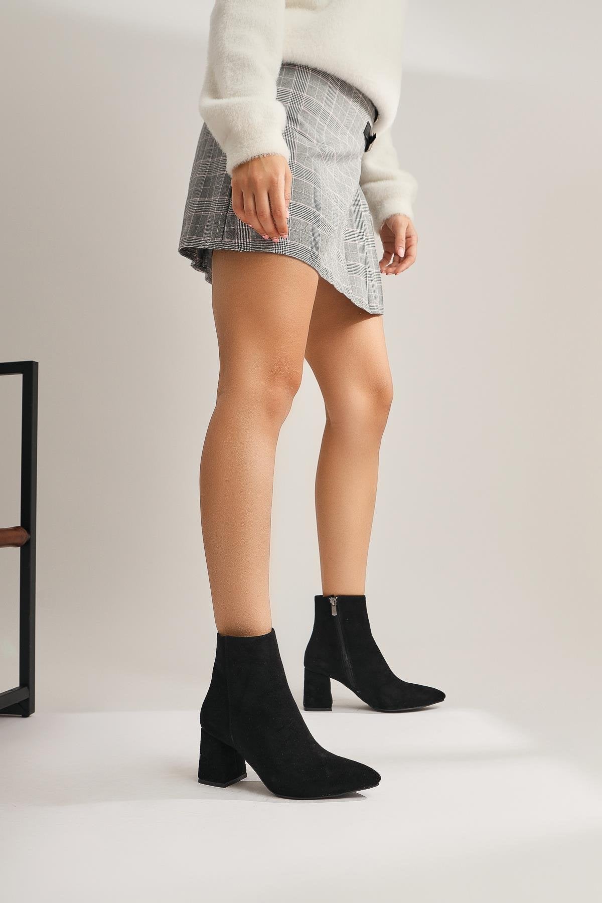 Ann Karin Black Suede Pointed Toe Zippered Heeled Boots
