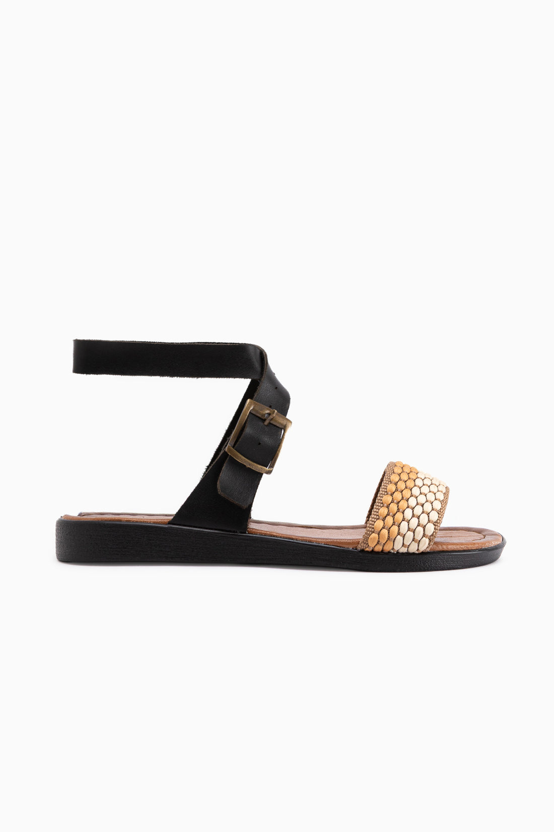 Echtes Leder Marva Schwarz Gewebt Detail Damen Sandale