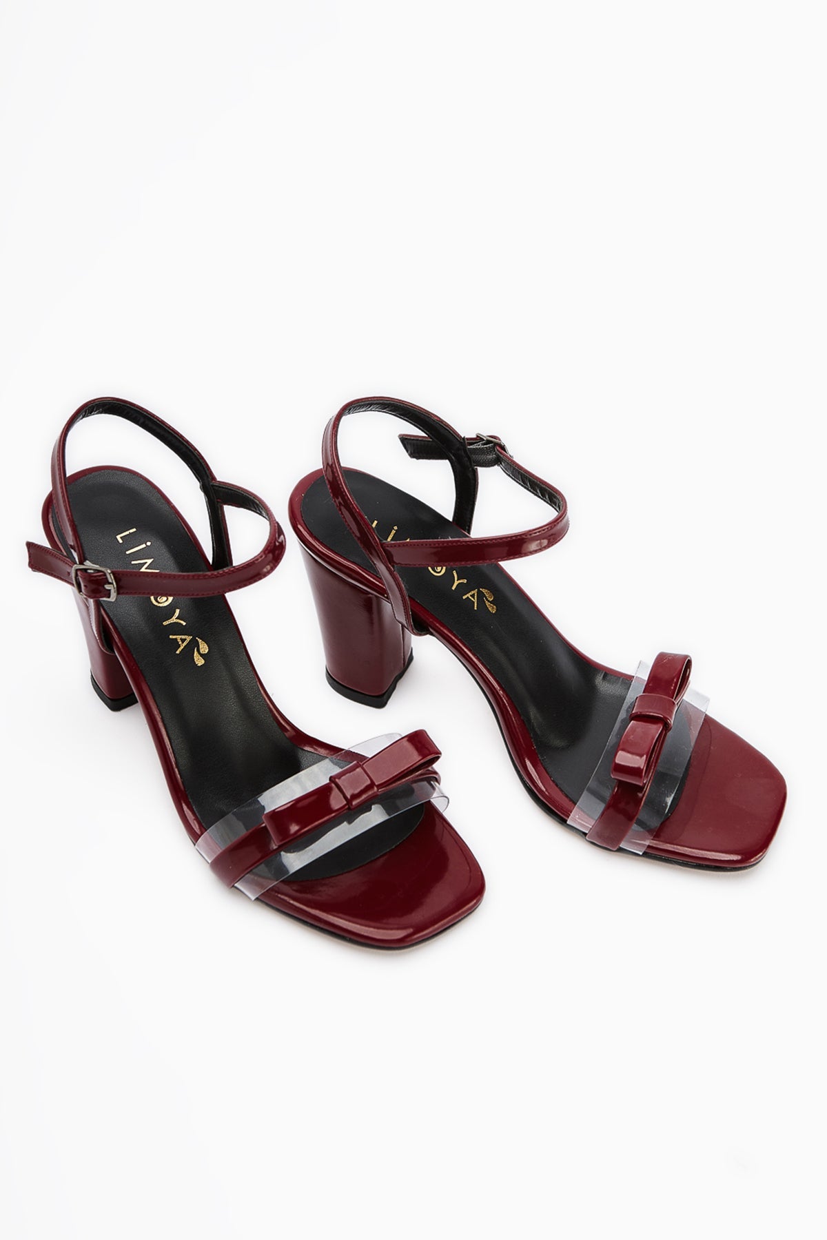 Joyce Maroon Lackleder Dicke Absatz Knöchel-Bindung Schleife Damen Sandalen