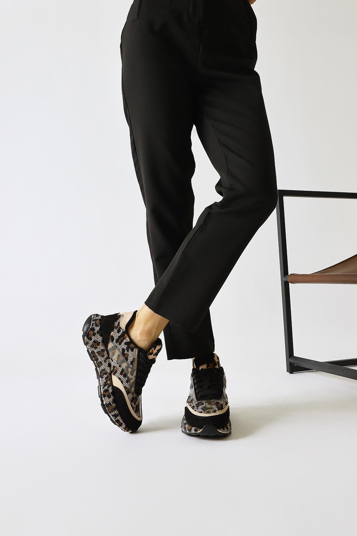 Kada Beige Leopard Patterned Stone Detail Sneakers