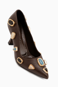 Rina Brown Pointed Toe Heeled Women’s Shoes with Stone Accessories