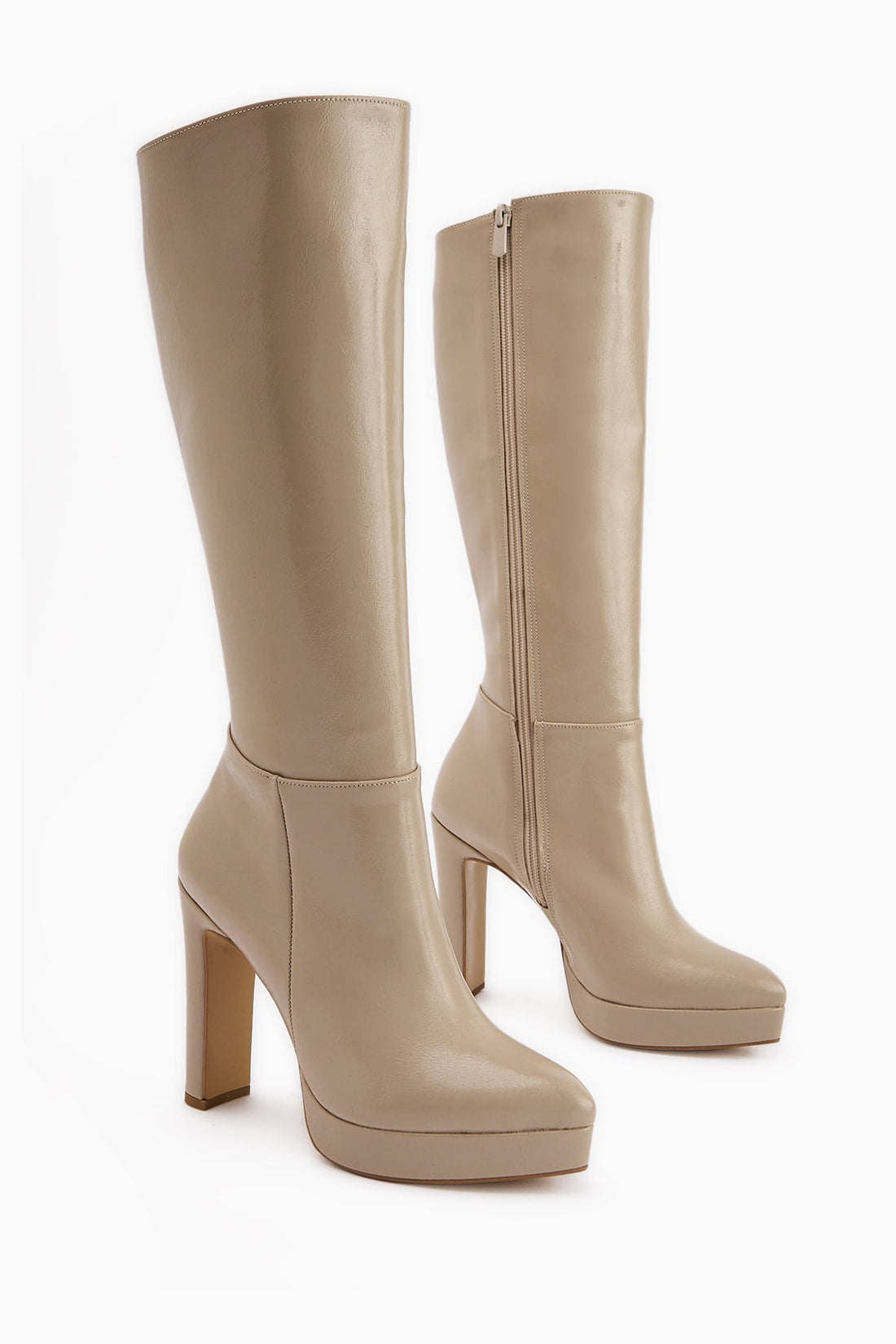 Ariya Beige Platform Heeled Women's Boot with Zipper