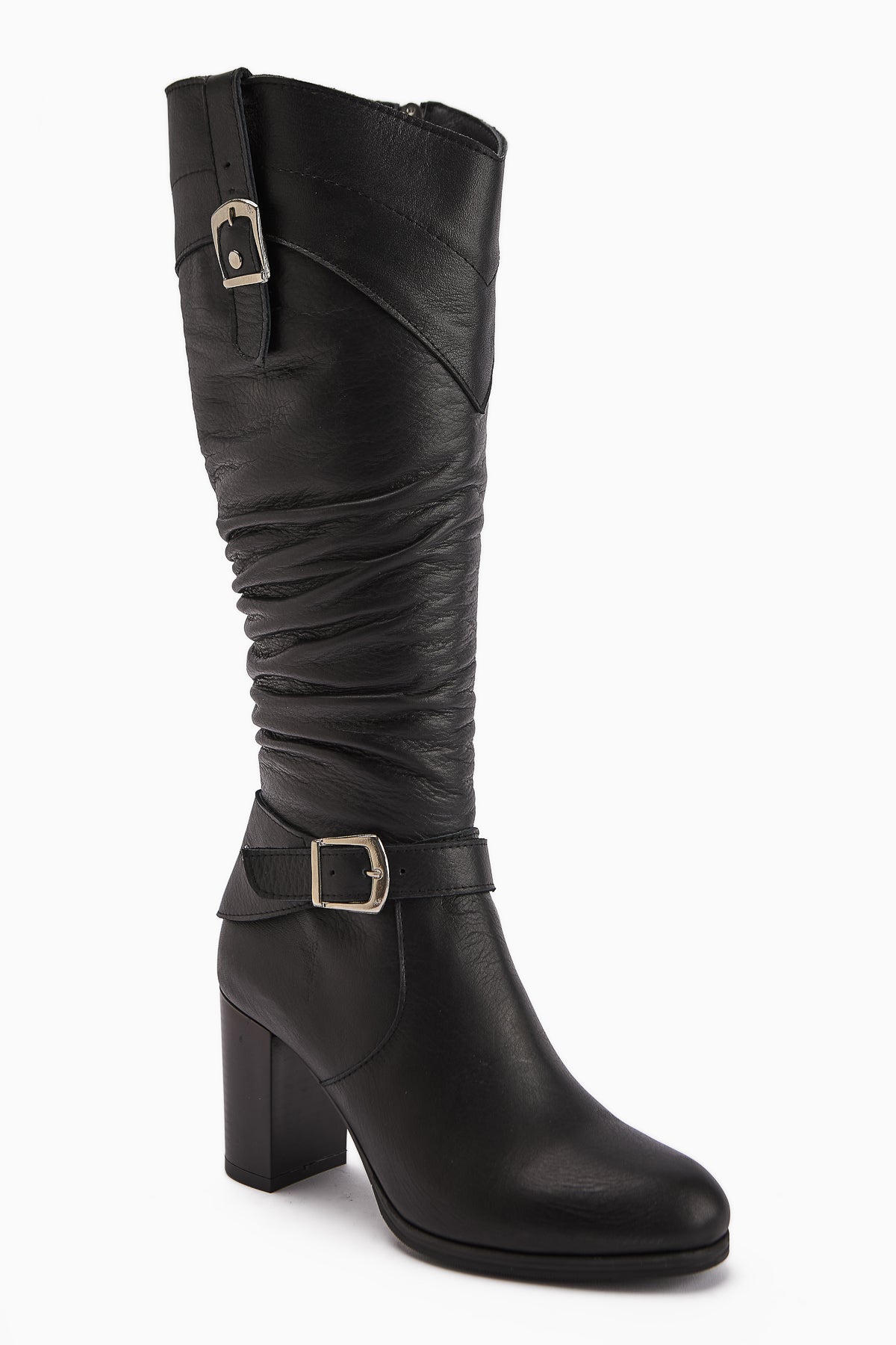 Ting Genuine Leather Black Buckle Detailed Women's Heeled Boot