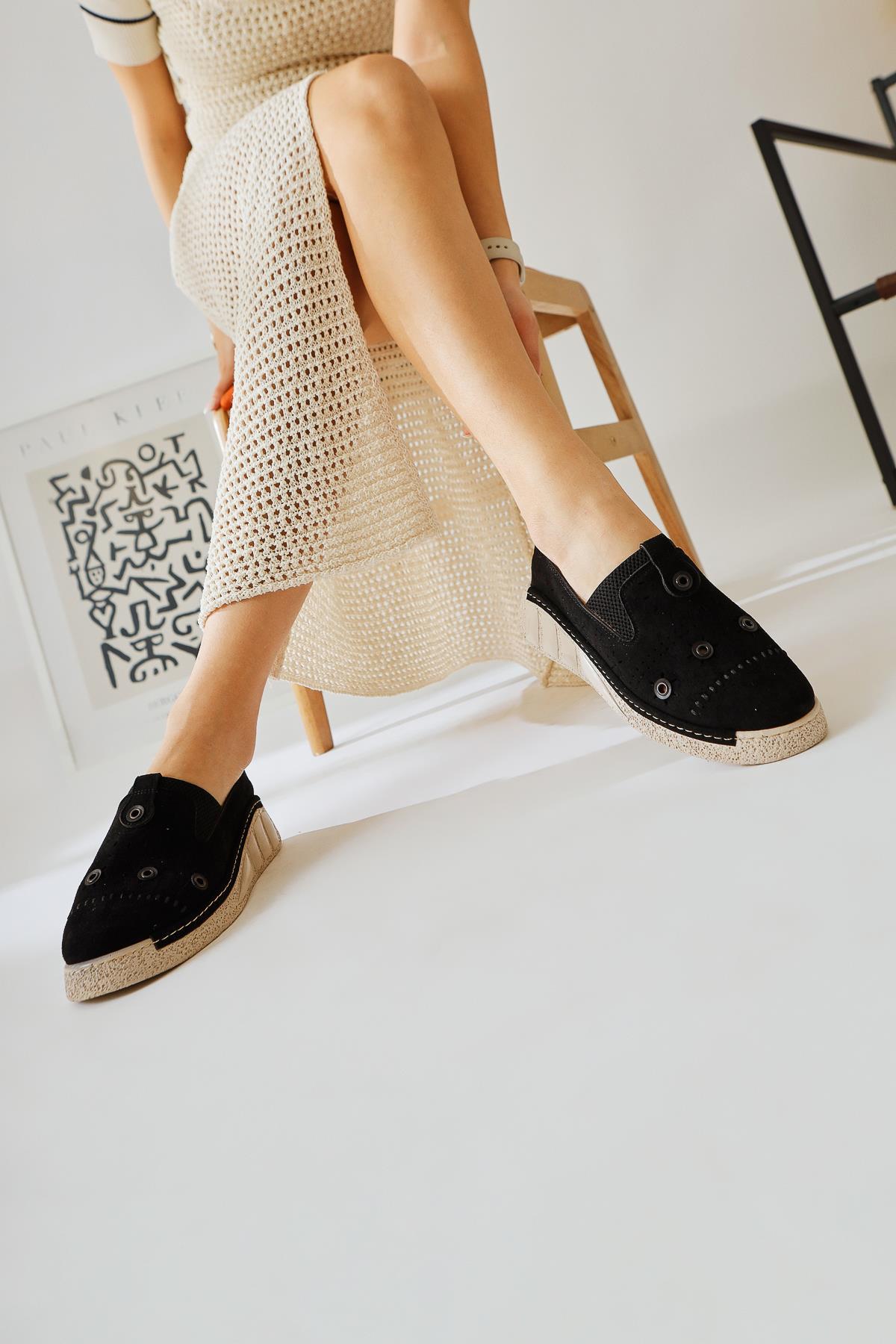 Bethina Black Suede Rivet Detailed Laser Perforated Ballerinas