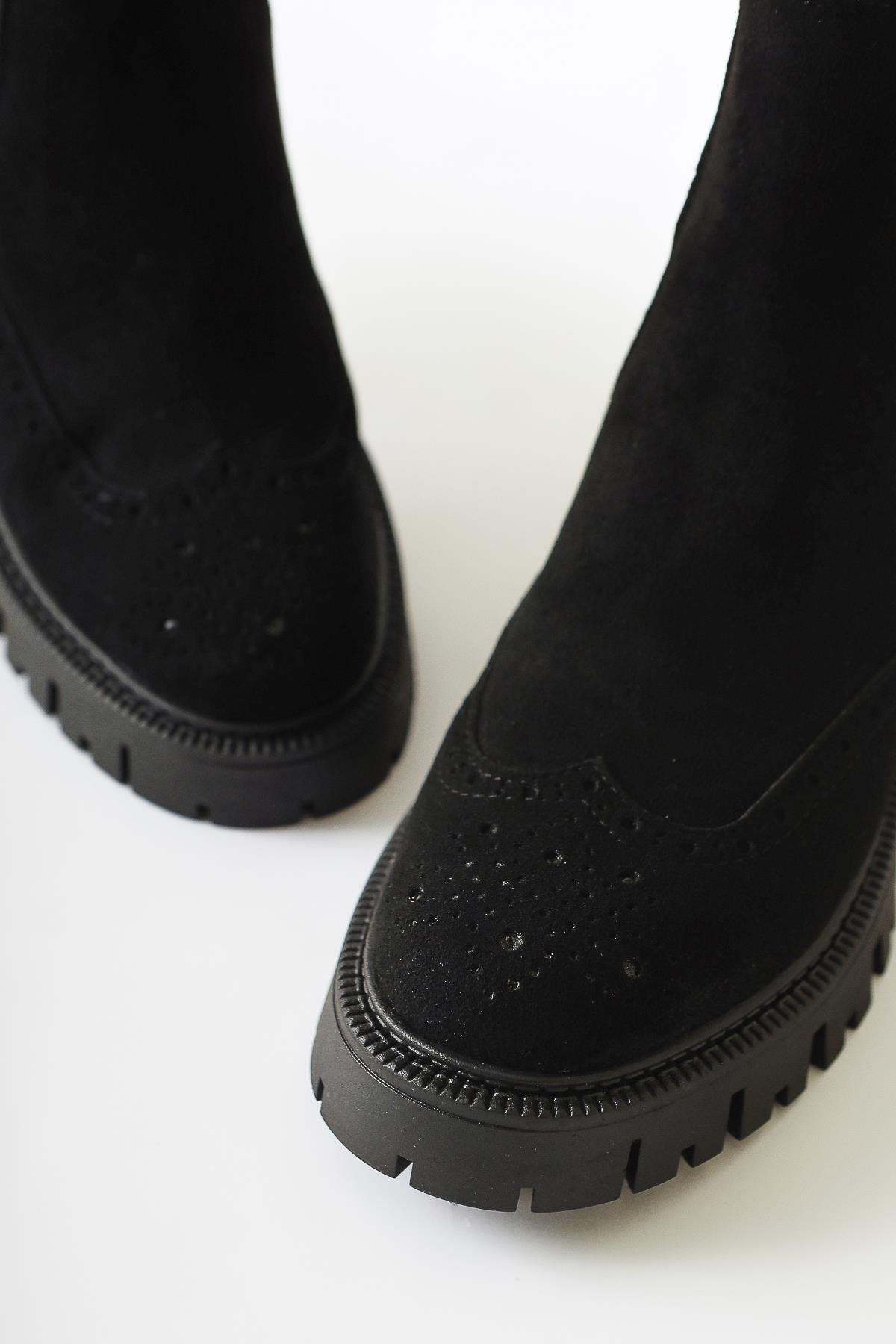 Leyah – Black Suede Laser-Cut Elastic Boot (Women)