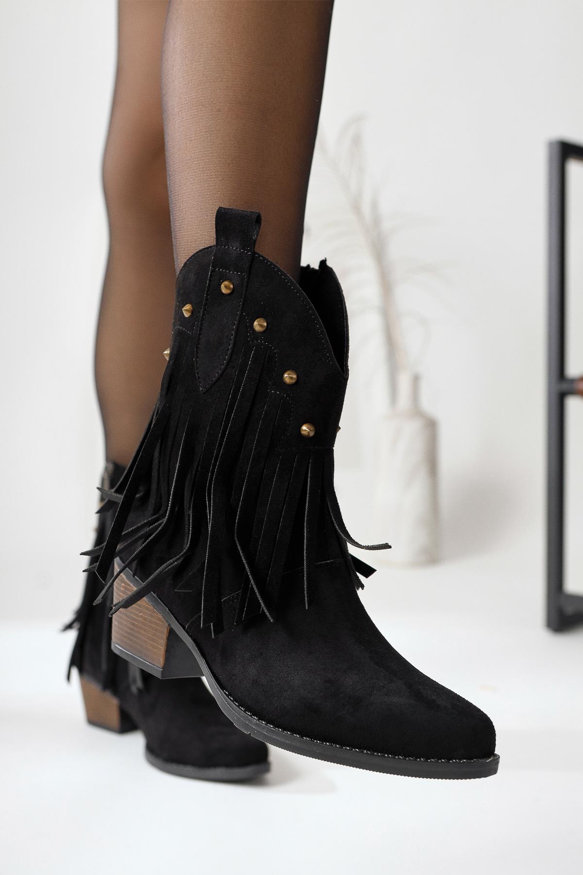 Lillebeth Black Suede Tassel Stud Detail Western Boots