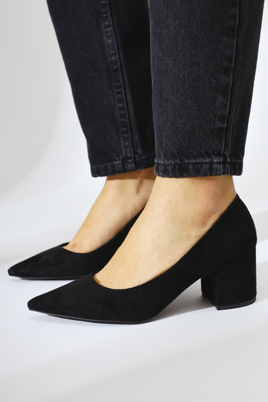 Angela Black Suede Pointed Toe Low Heel Women's Shoes
