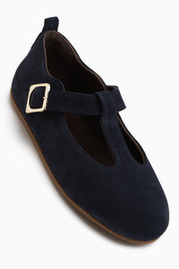 Echtes Leder Danni Navy Suede Gürtelschnalle Damen Ballerinas