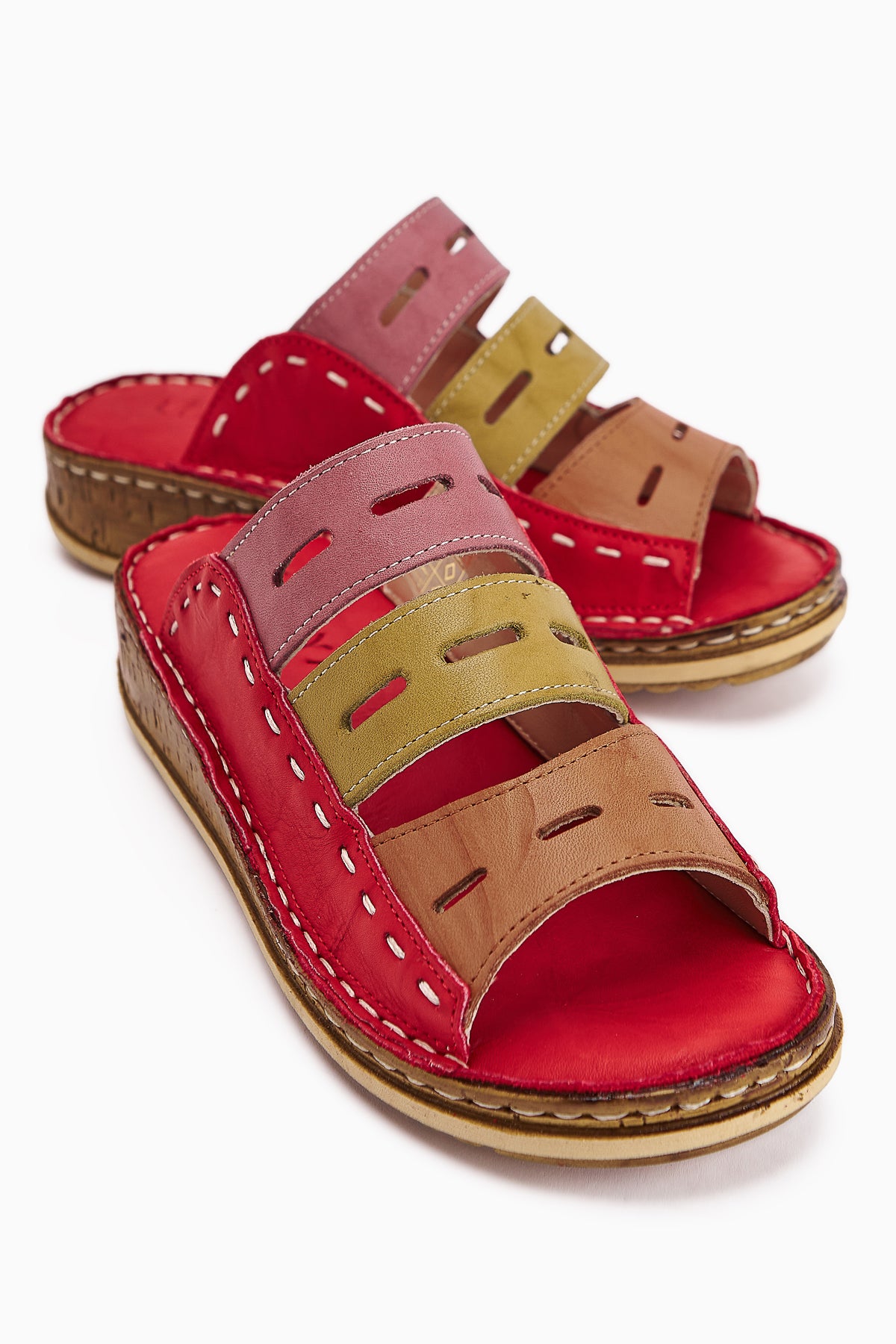 Echtes Leder Joelle Rot Lila Orange Grün Beige Comfort Laser Cut Pantoletten