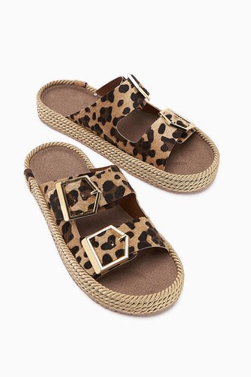 Horia Leopard Print Double Strap Woven Sole Women's Slipper