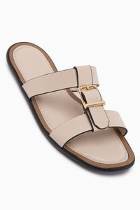 Lien Beige Doppelriemen Schnalle Detail Damen Pantoletten