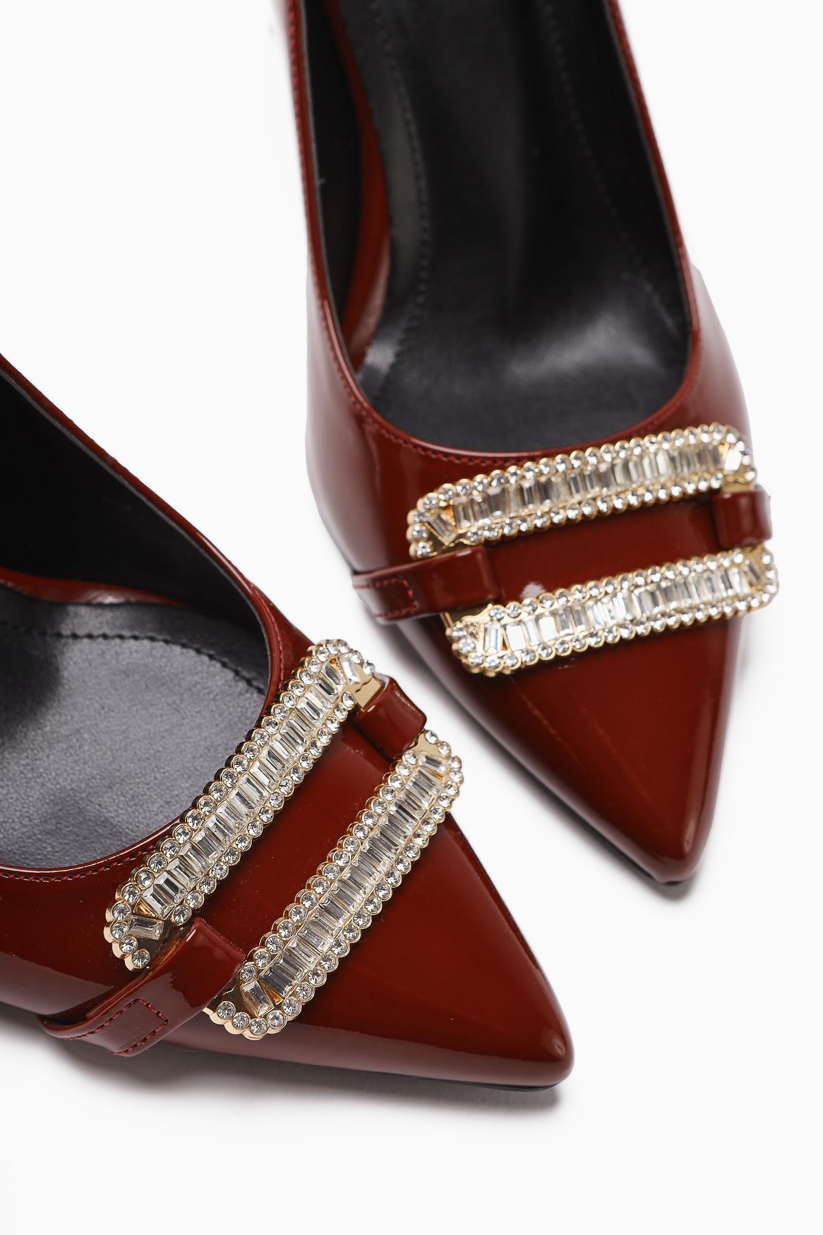 Ania Claret Red Patent Leather Pointed Toe Stone Buckle Detailed Heeled Women's Shoes