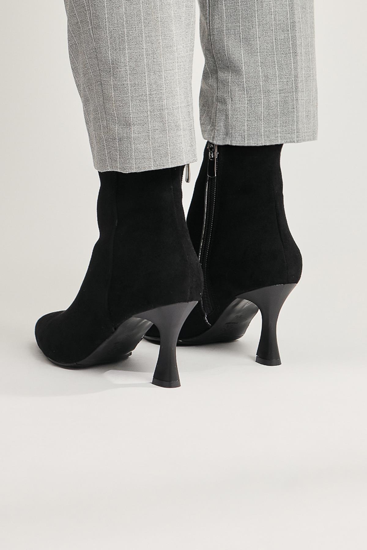 Anna Eva Black Suede Pointed Toe Zippered Thin Heel Boots